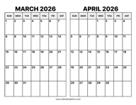 March and April 2026 Calendar