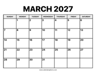 March Calendar 2027