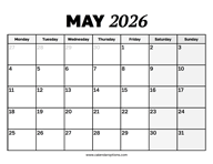 May 2026 Calendar Monday Start