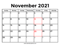 November 2021 Calendar With Holidays