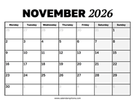 November 2026 Calendar Monday Start