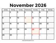 November 2026 Calendar With Holidays