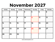 November 2027 Calendar With Holidays