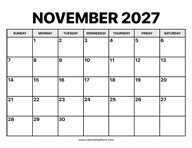 November Calendar 2027