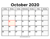 October 2020 Calendar With Holidays