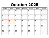October 2025 Calendar With Holidays