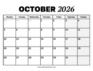 October 2026 Calendar Monday Start