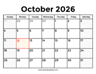 October 2026 Calendar With Holidays