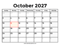 October 2027 Calendar With Holidays