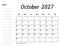 October 2027 Printable Calendar