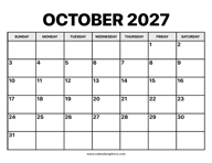 October Calendar 2027