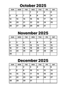 October, November and December 2025 Calendar