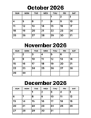 October, November and December 2026 Calendar