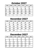 October, November and December 2027 Calendar