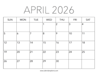 Printable April 2026 Calendar