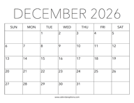 Printable December 2026 Calendar