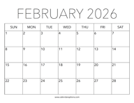Printable February 2026 Calendar