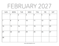 Printable February 2027 Calendar