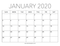 Printable January 2020 Calendar