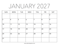 Printable January 2027 Calendar
