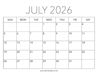 Printable July 2026 Calendar