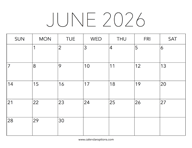 Printable June 2026 Calendar