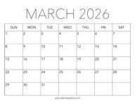 Printable March 2026 Calendar