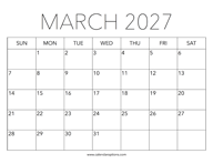Printable March 2027 Calendar