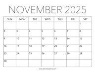 Printable November 2025 Calendar