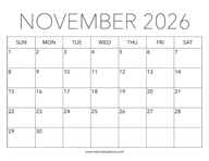 Printable November 2026 Calendar