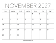 Printable November 2027 Calendar