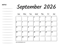 September 2026 Printable Calendar