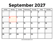 September 2027 Calendar With Holidays