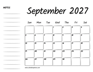 September 2027 Printable Calendar