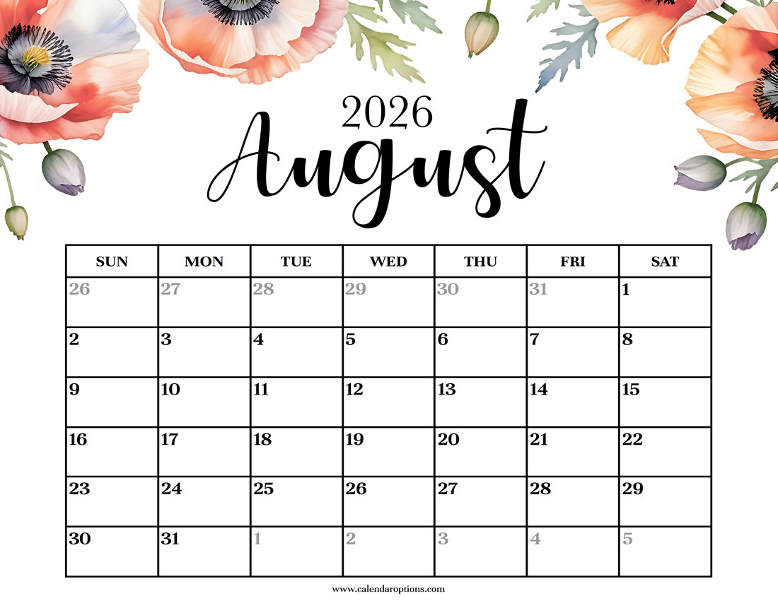 August 2026 calendar with flowers